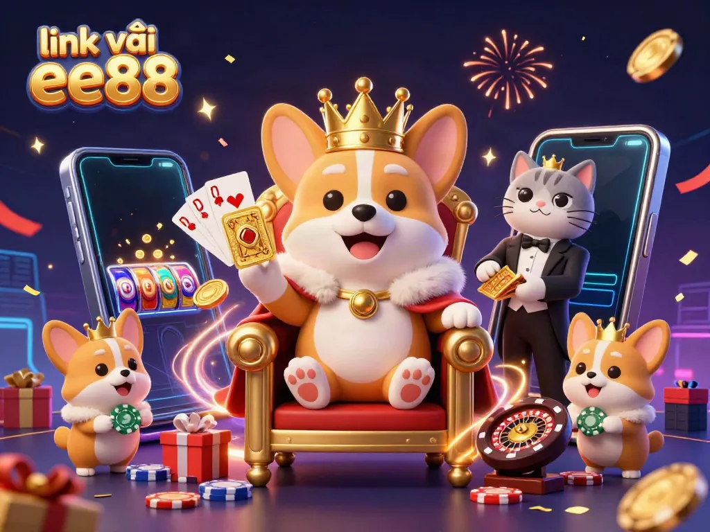 Celebrate with the link vào ee88 as a royal corgi presides over a vibrant casino scene, filled with games and prizes.