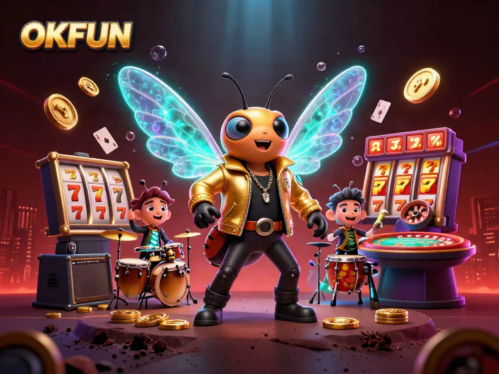 Experience the thrill of OKFUN with a vibrant 3D casino scene featuring a rock star character and dynamic game elements.