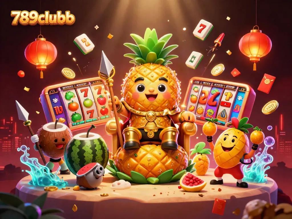 Engage with the vibrant 789clubb casino scene featuring a golden pineapple king and dynamic game elements.