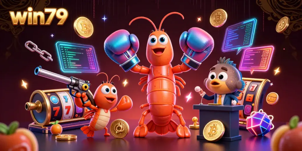 Engage with win79 in this vibrant 3D casino scene showcasing animated characters with slot elements and crypto coins.