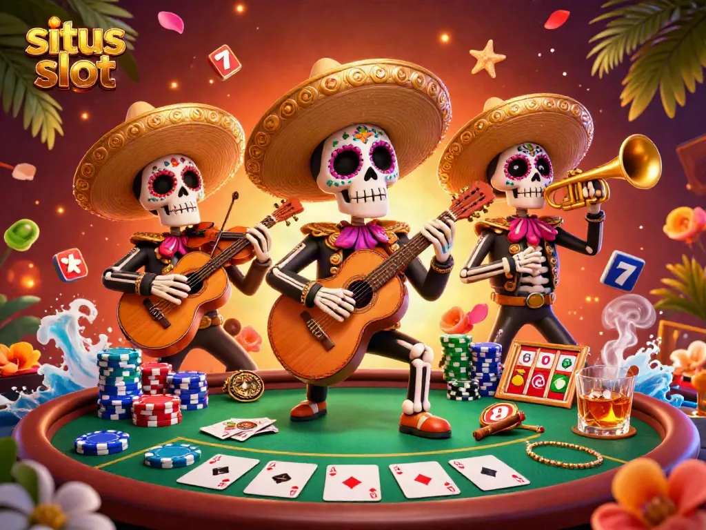 Engaging scene with Dia de los Muertos skeleton mariachi band surrounded by situs slot elements like spinning reels and poker chips.