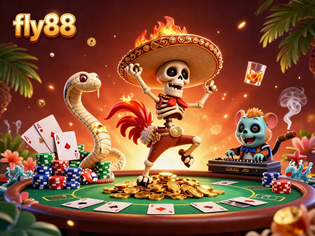 fly88 illustrates a vibrant casino scene with a dancing skeleton rooster and golden coins.