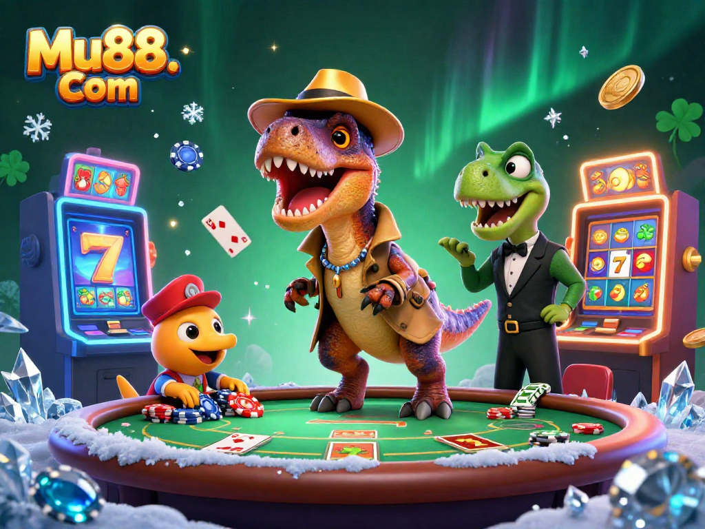 Engage with thrilling slots at Mu88. Com featuring a velociraptor counter amidst vibrant casino elements.