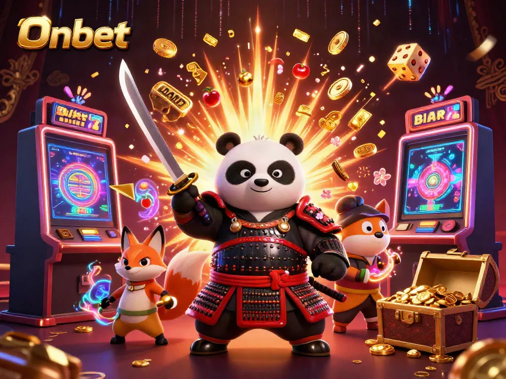 Experience Onbet's casino magic with a vivid samurai panda, ninja fox, and tanuki amidst dynamic gambling elements.