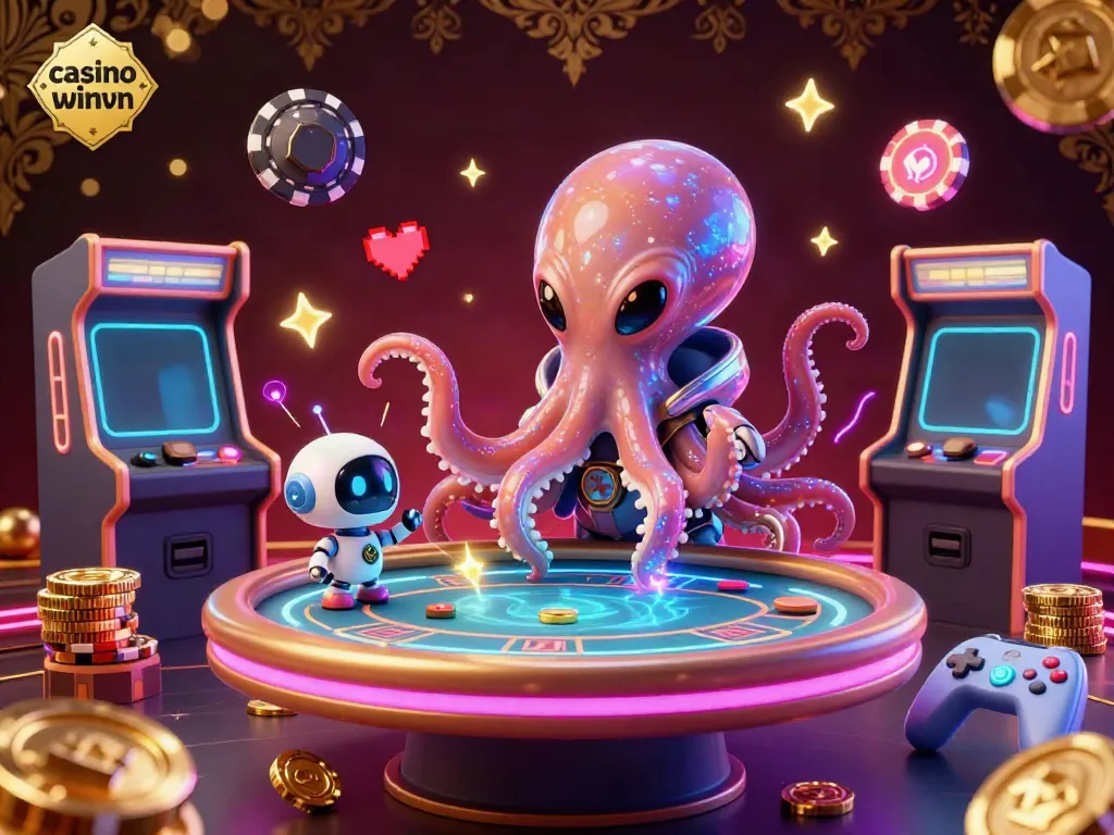 Engaging scene with casino winvn showcasing an alien octopus at a holographic poker table amidst vibrant game elements.