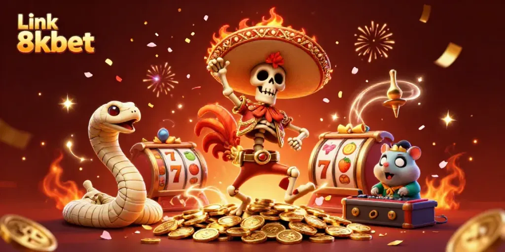 Experience the excitement of Link 8kbet, featuring dynamic casino characters surrounded by vibrant game elements.